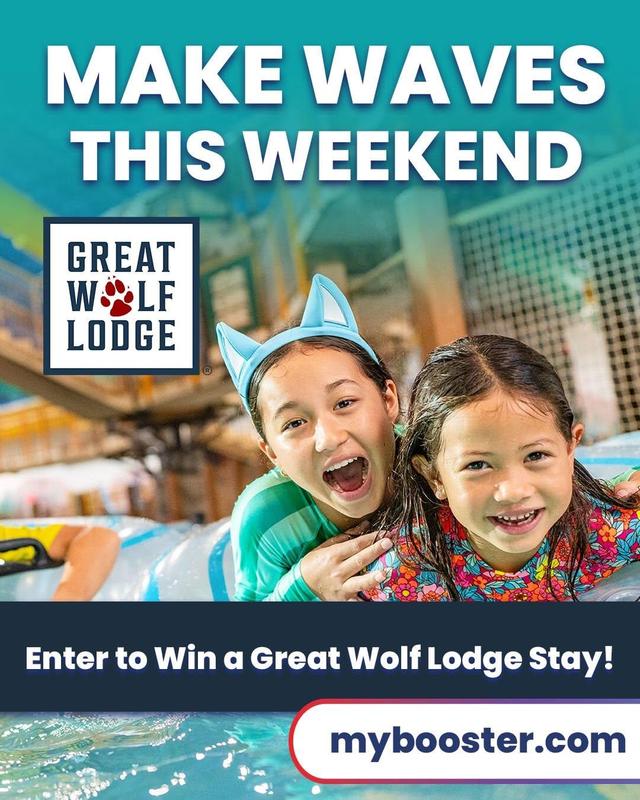 Image of two girls smiling as an advertisement for the Great Wolf Lodge Boosterthon reward drawing.