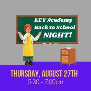 A cheerful character in front of a chalkboard promoting a back-to-school event.