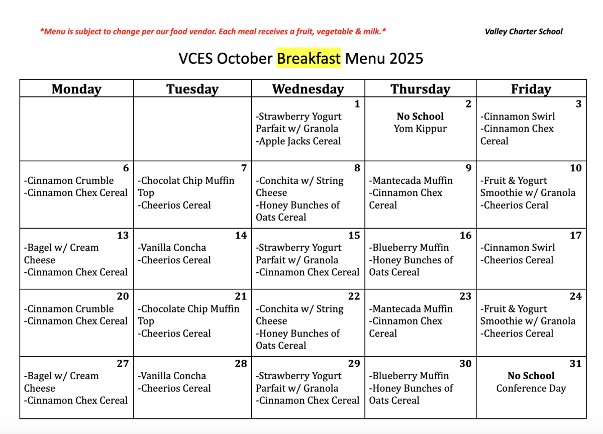 valley charter elementary school monthly breakfast menu