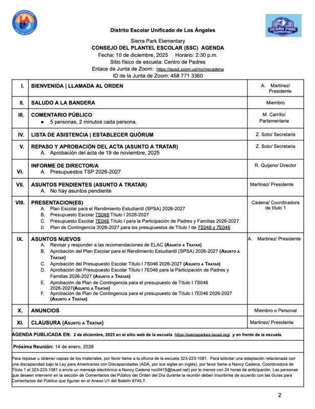 SSC Dec Spanish Agenda