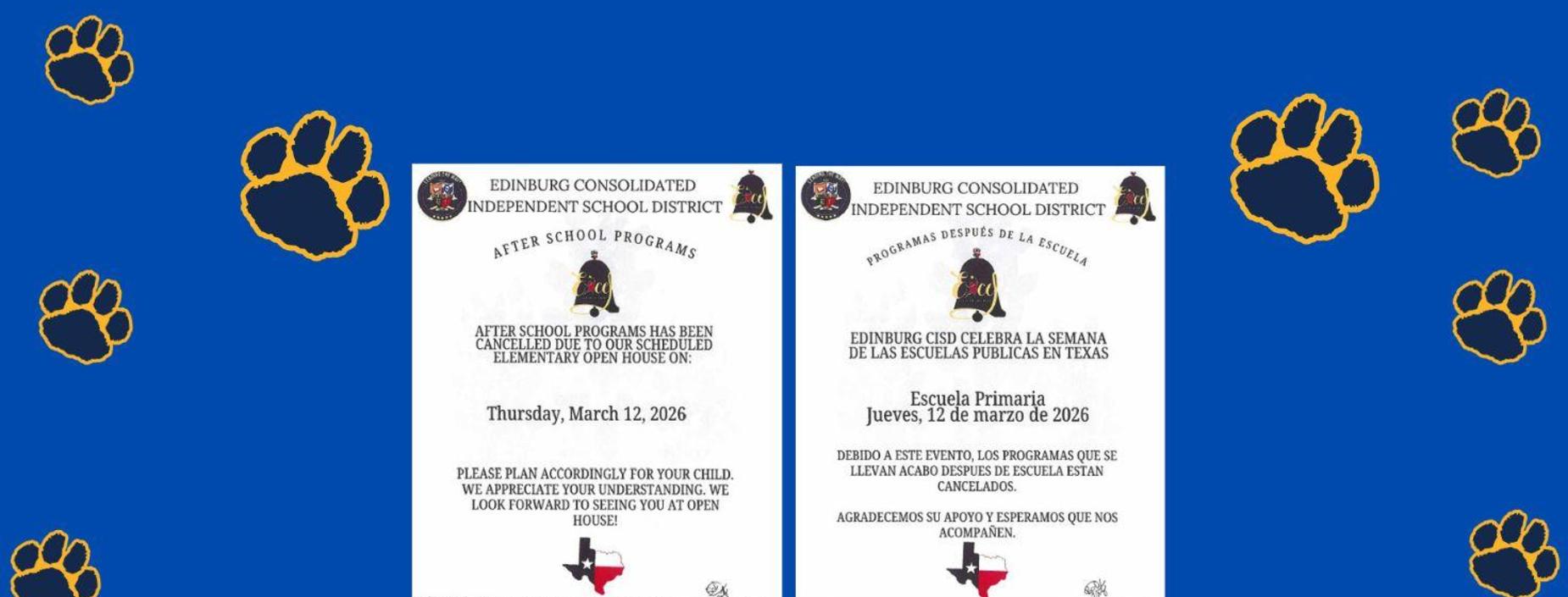 March 12th After School Programs has been cancelled due to our scheduled elementary open house.