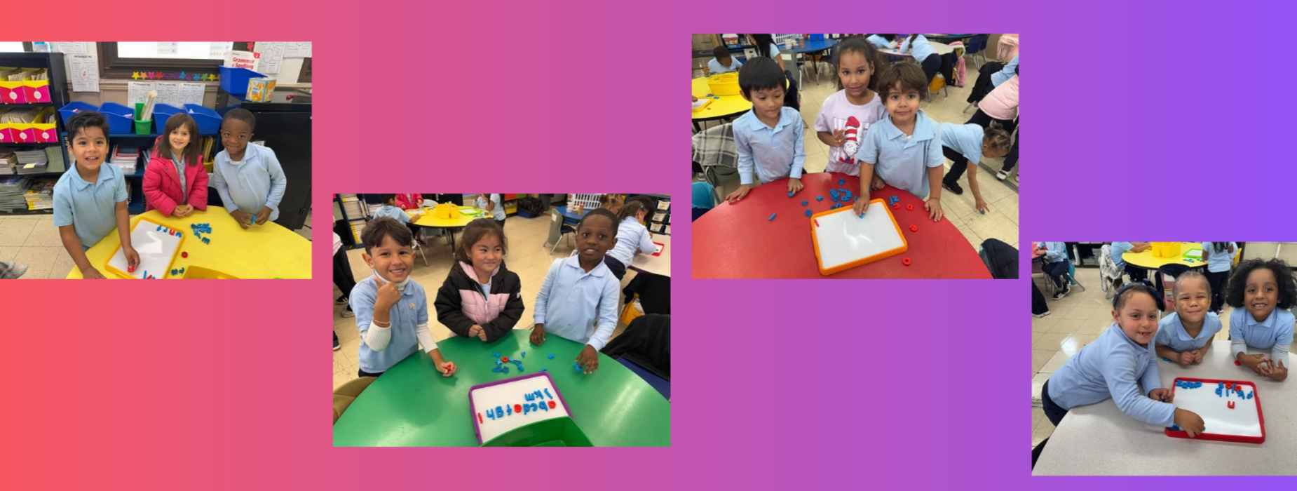 Students engaged in creative activities with colorful shapes in a classroom.