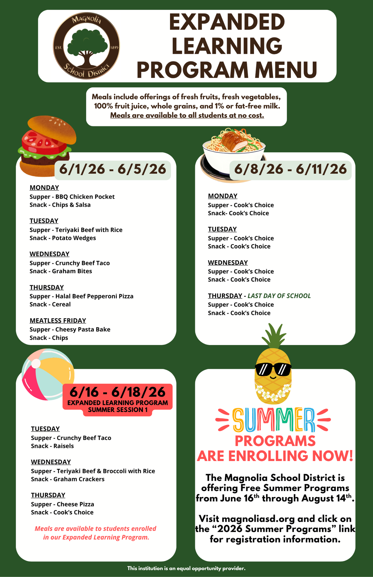 ELP Supper and Snack Menu for JUNE 2026