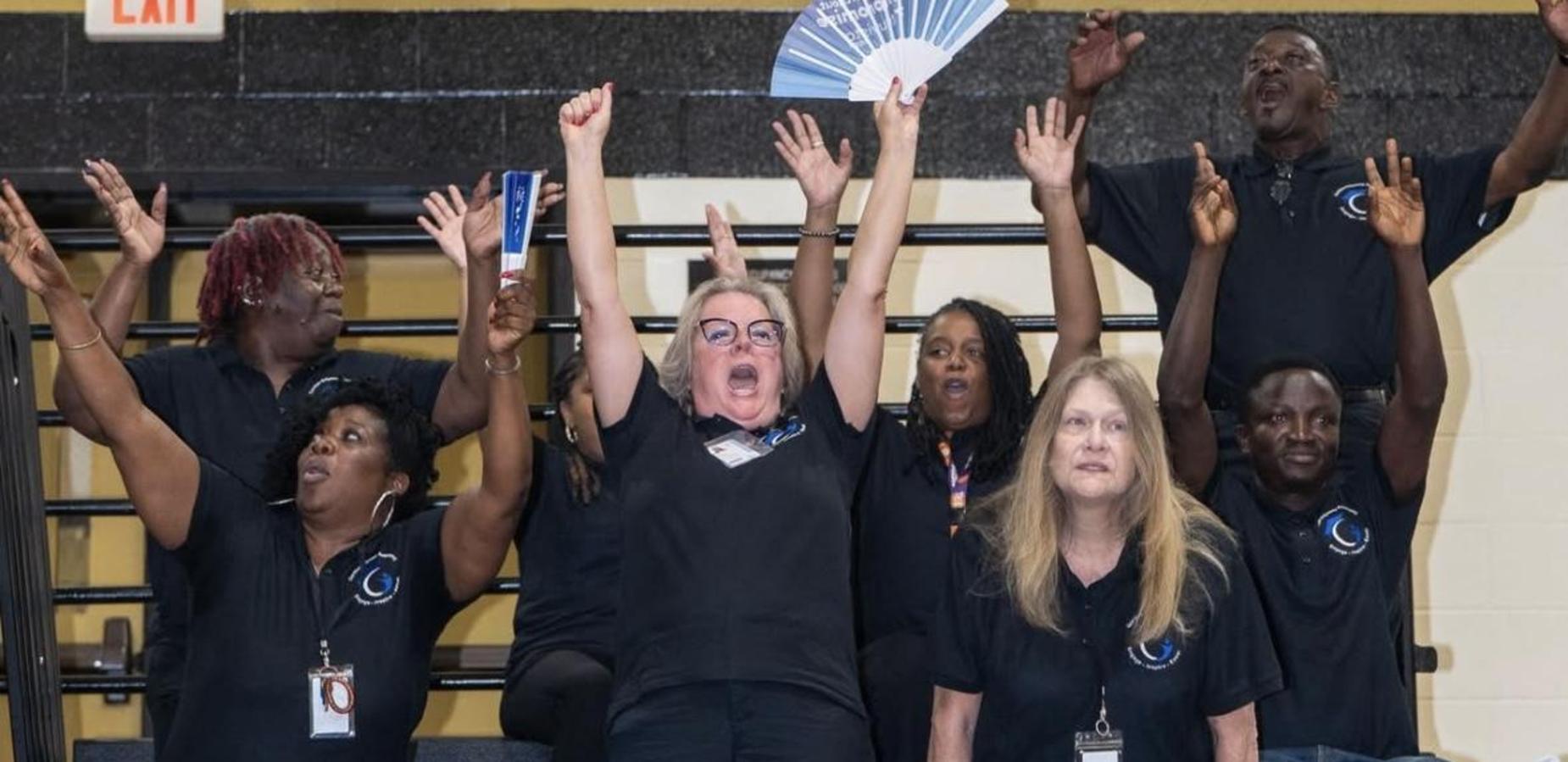 GOA staff cheering during spirit rally role call