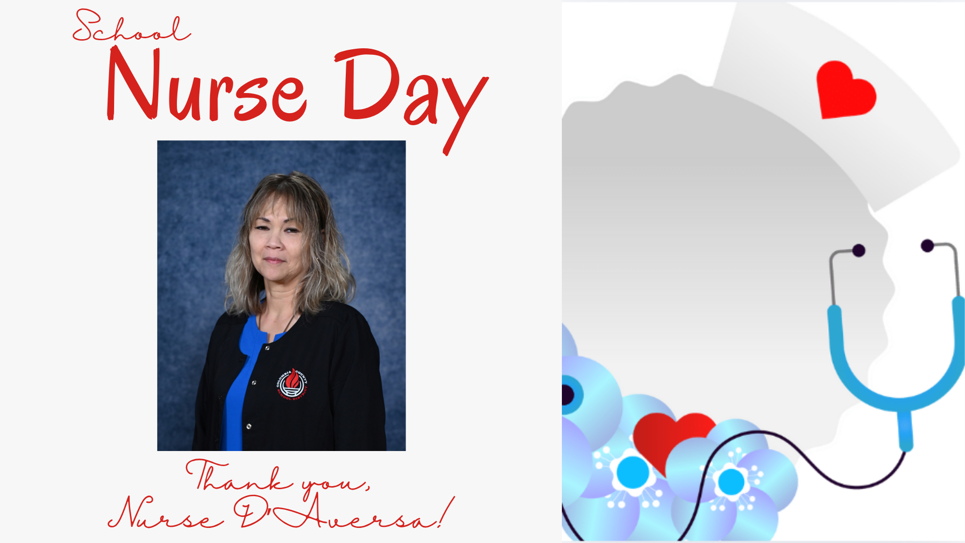 Celebratory graphic for School Nurse Day with a photo of a nurse and supportive text.