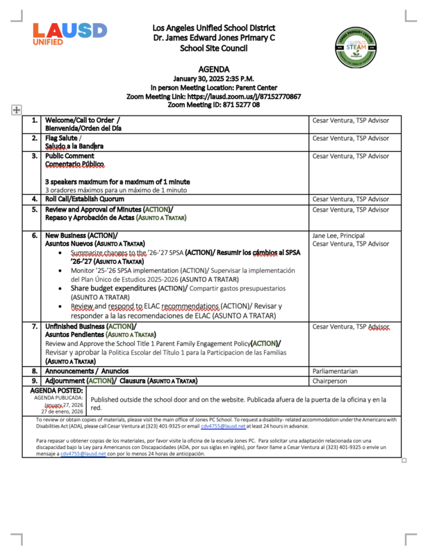 January 30, 2026 Agenda