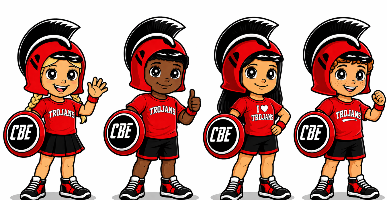 Four cartoon characters in Trojan-themed outfits, smiling and posing enthusiastically.