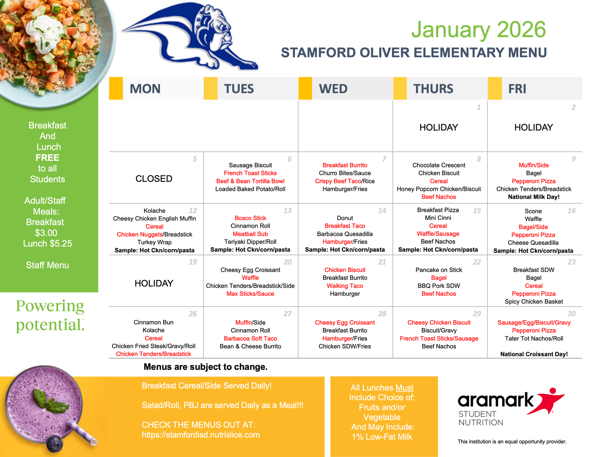 Oliver January Menu 2026