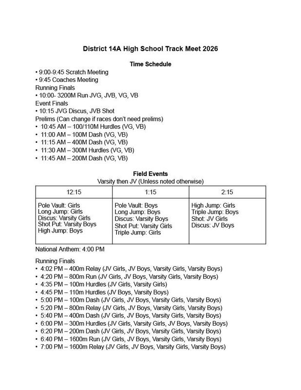 2026 HS District Track Meet Schedule