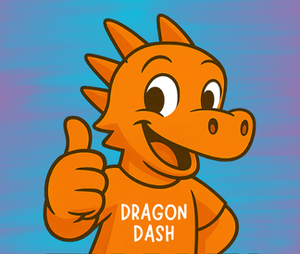 Orange illustrated dragon holding a thumbs up in front of a blue and purple background