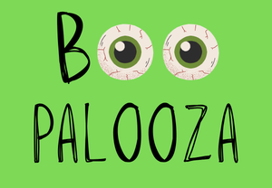 Graphic text on light green background reads "boo palooza!" with eyeballs in place of the two letter o's in "boo".