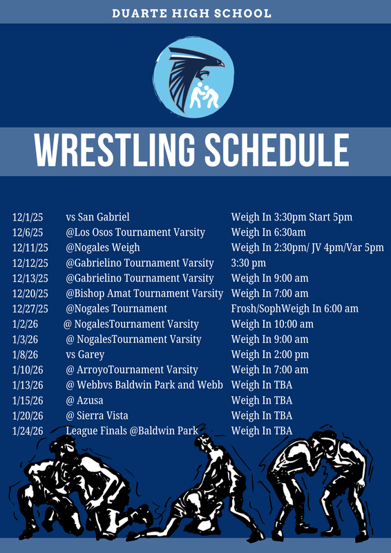 Wrestling schedule for Duarte High School including weigh-in times and tournament details.