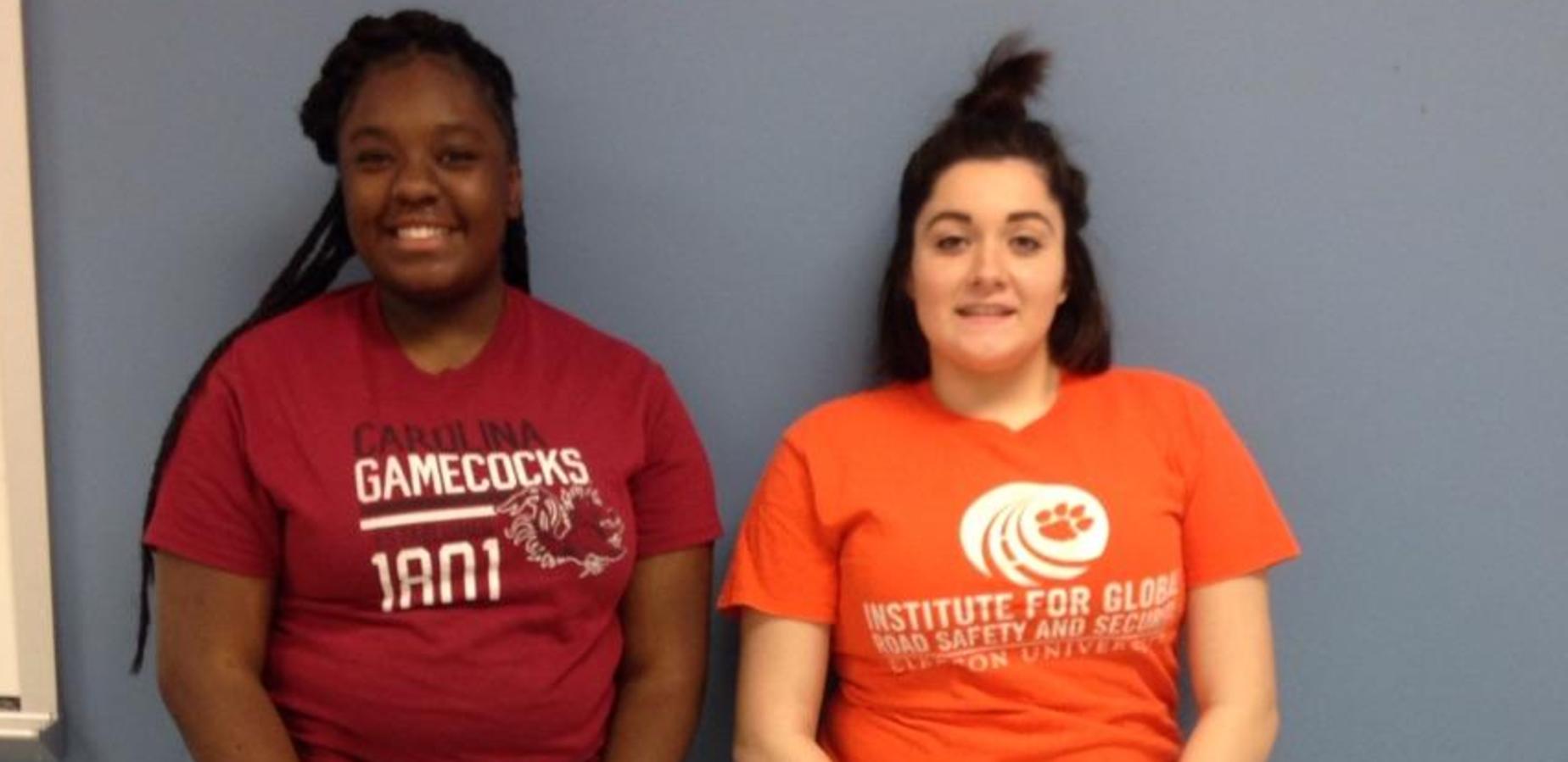 Students wearing USC and Clemson shirts for College Day Wednesday.