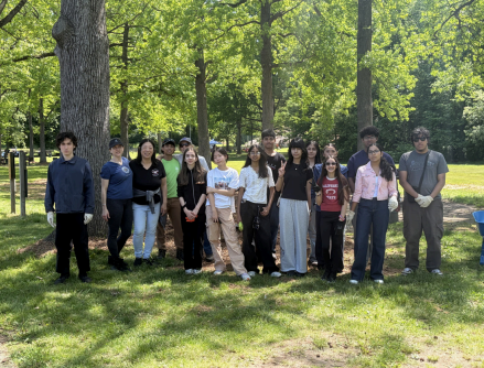 Members of green team lined up near trees