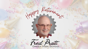 celebratory retirement picture for fred pratt with balloons and confetti surrounding his head