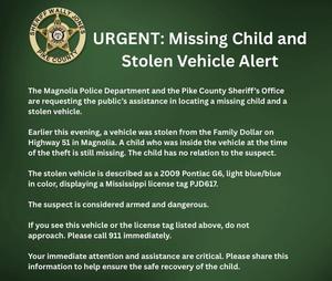 Pike County Sheriff’s Office Urgent Missing Child and Stolen Vehicle Alert--Tuesday, February 24, 2026