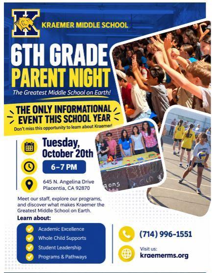 6th Grade parent night at Kraemer Middle School