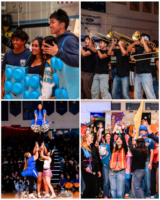 Students cheer at a school event with performers and costumes on stage.