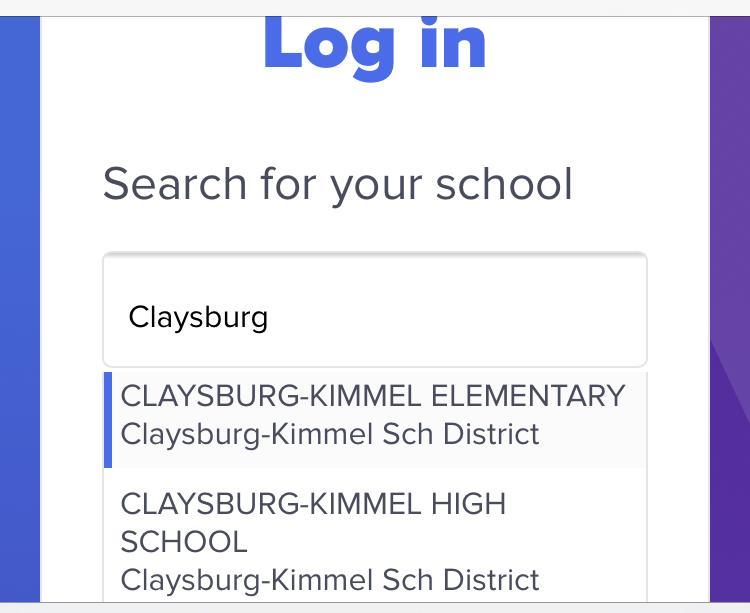 Login screen with school search and dropdown