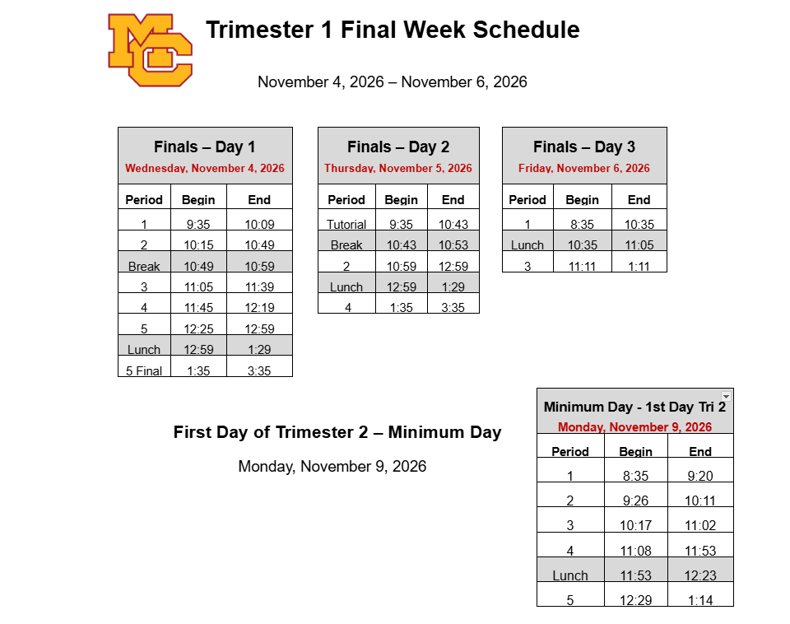 Tri 1 Finals Bell Schedule