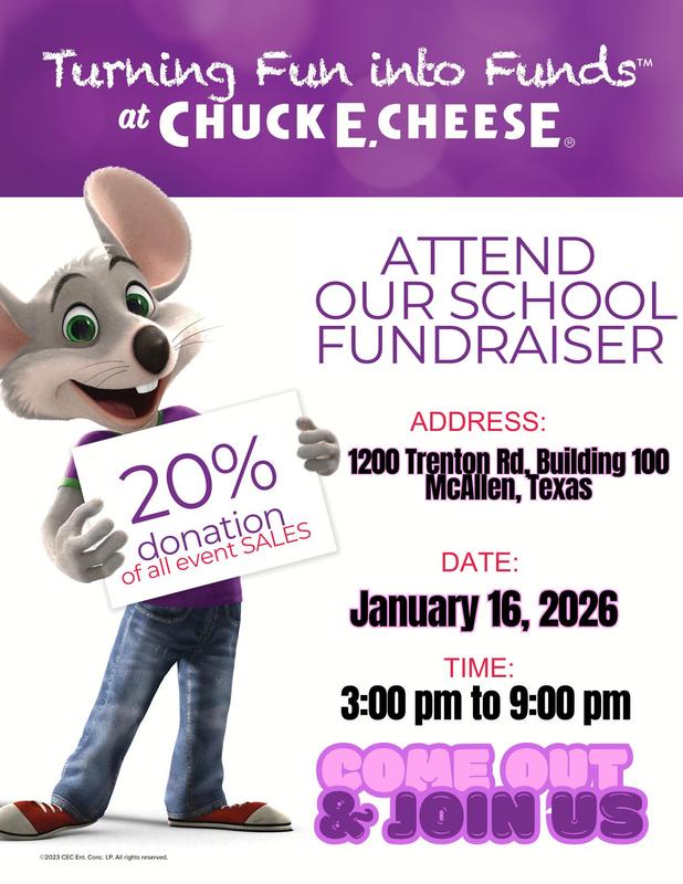 Chuck E Cheese Fundraiser Friday Jan. 16th 3-9