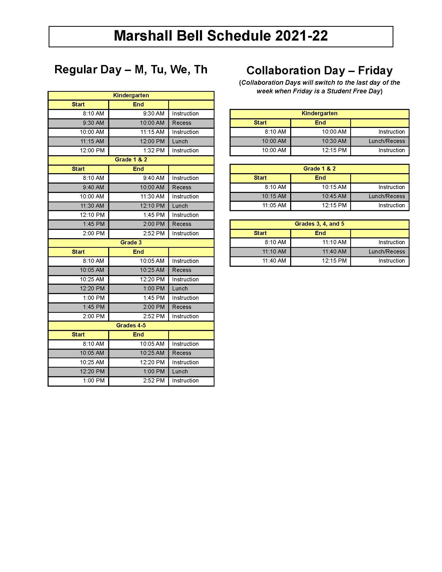Bell Schedule Our School Marshall Elementary School