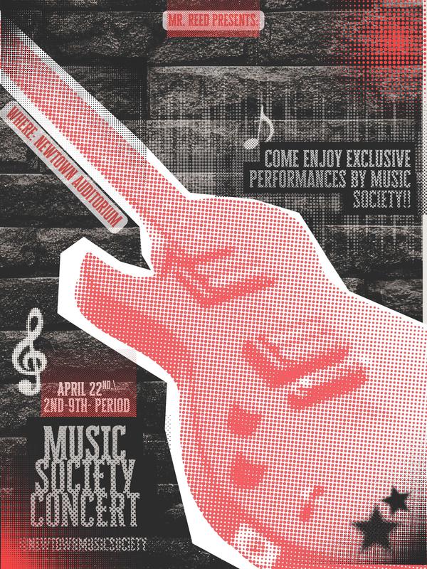 Graphic poster featuring a stylized red and white electric guitar over a textured black background. Text reads “Mr. Reed Presents,” “Come enjoy exclusive performances by Music Society!!,” “Where: Newtown Auditorium,” and “April 22nd, 2nd–9th period,” with “Music Society Concert” prominently displayed.