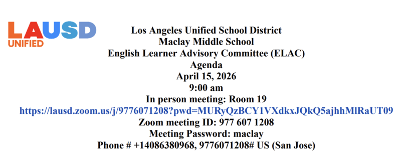 ELAC Meeting Zoom Log In Information