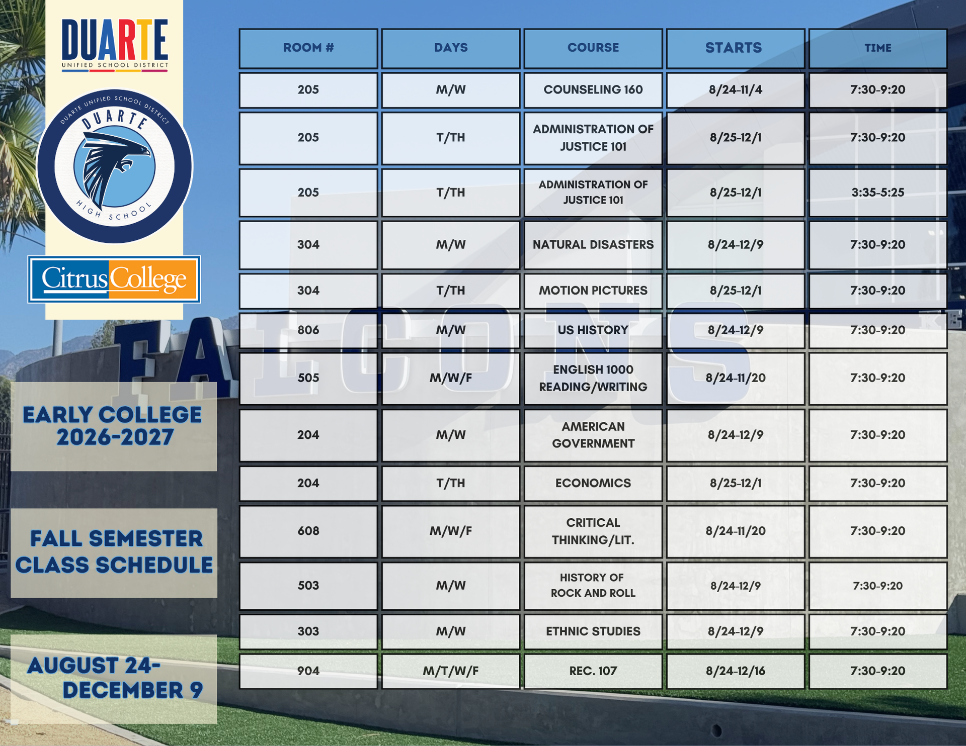 early college fall schedule