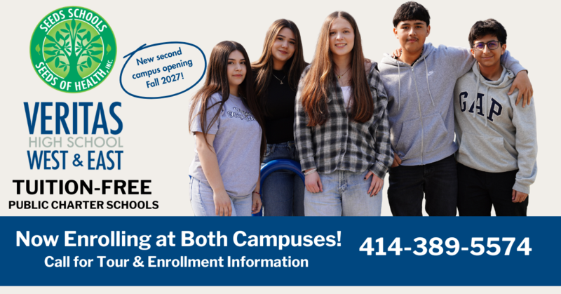 Ad for Veritas West and East Enrollment. Call 414-389-5574