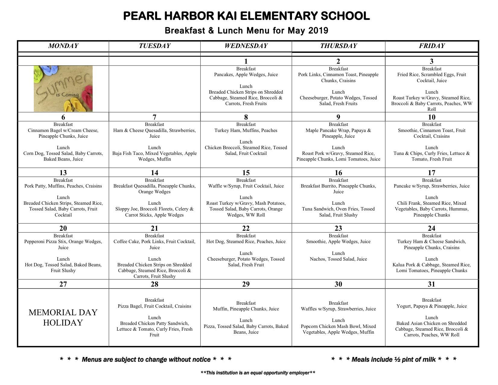 Breakfast and Lunch Menu Menus Pearl Harbor Kai Elementary