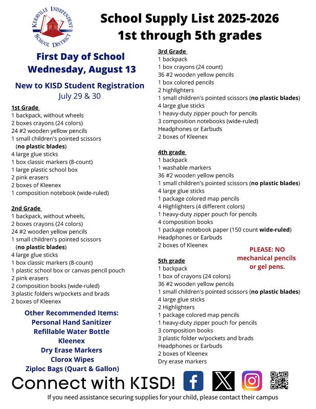 Kerrville ISD school supply lists for 1st-5th grade