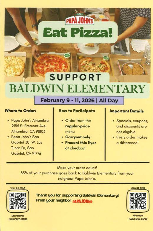 Baldwin & Papa John's Fundraiser 2/9, 10 & 11 Featured Photo