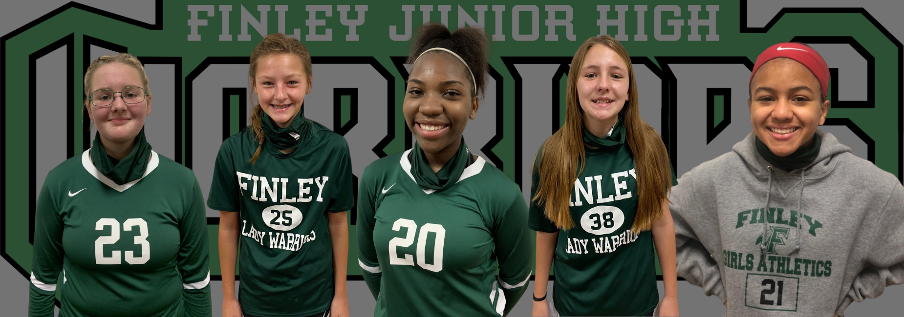 female athletes wearing jerseys in front of school logo
