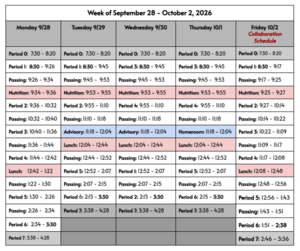 Bell Schedule Sept. 28 - Oct. 2