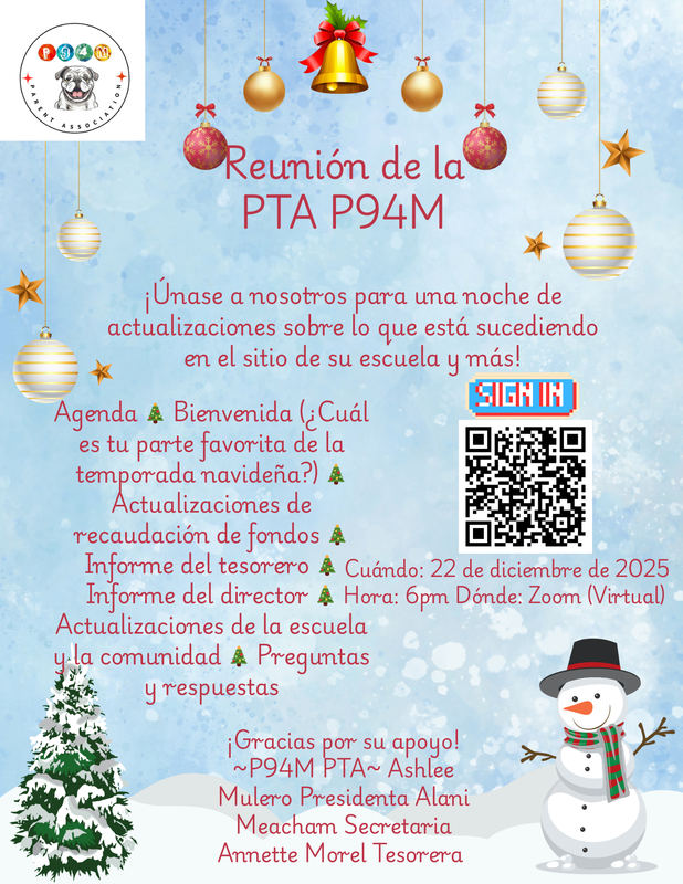Flyer for the P94M PTA Meeting decorated with holiday-themed graphics, inviting families to attend and receive school updates