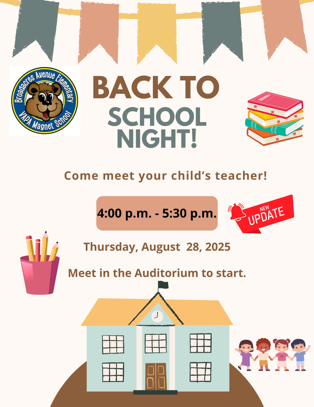Back to School Night in from 4:00 - 5:30 p.m. on Thursday, August 28.
