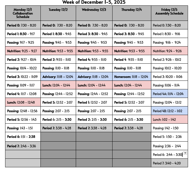 Bell Schedule for Dec. 1 - 5