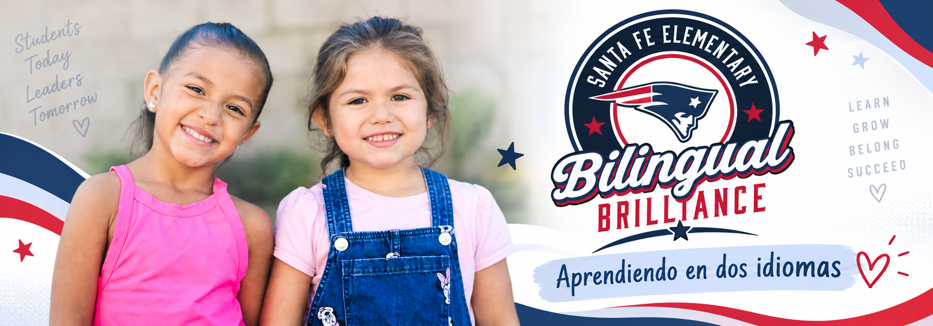 Bilingual Brilliance &ndash; Two Students: &ldquo;Two Santa Fe Elementary students smiling together beside the Bilingual Brilliance logo and the message &lsquo;Aprendiendo en dos idiomas.&rsquo;&rdquo;