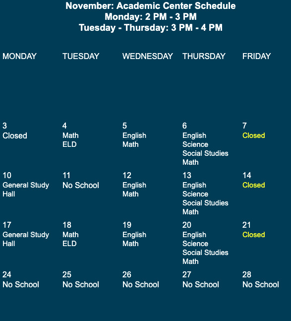 October: Academic Center Schedule