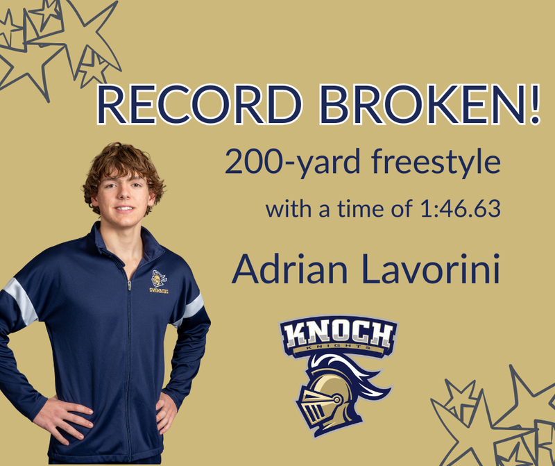 boy swimmer beside graphics announcing his broken record