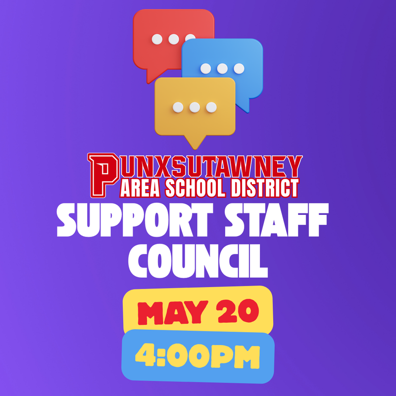purple background with clipart of talking bubbles, PASD logo, and text stating the date and time of the meeting