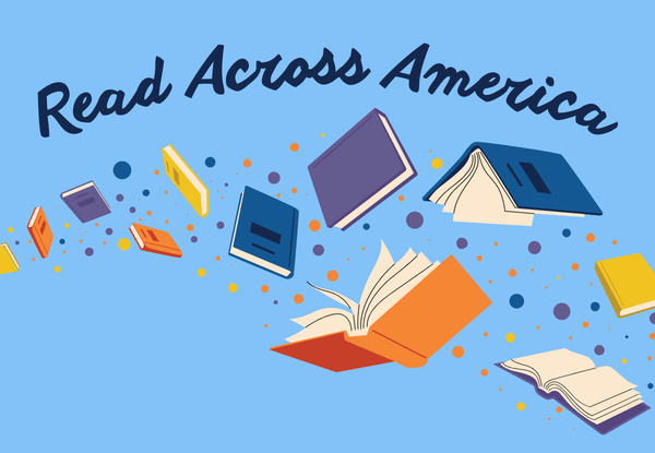 Brightly colored books float across a light blue background.