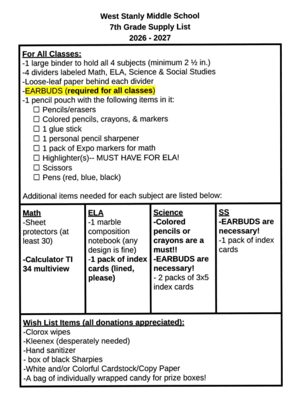7th grade supply list