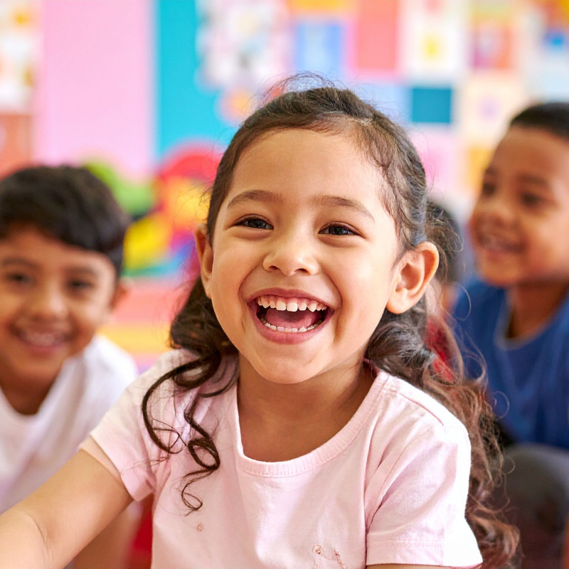 Smiling preschool-age girl with two boys in the background
