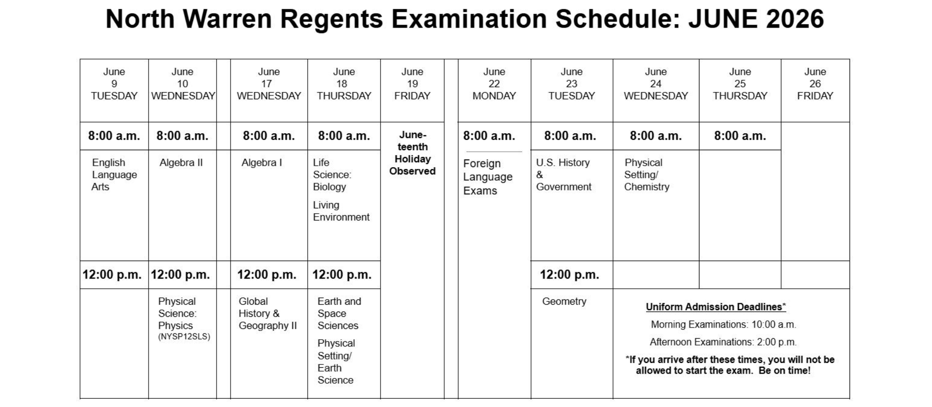 2026 North Warren Regents Exam Schedule
