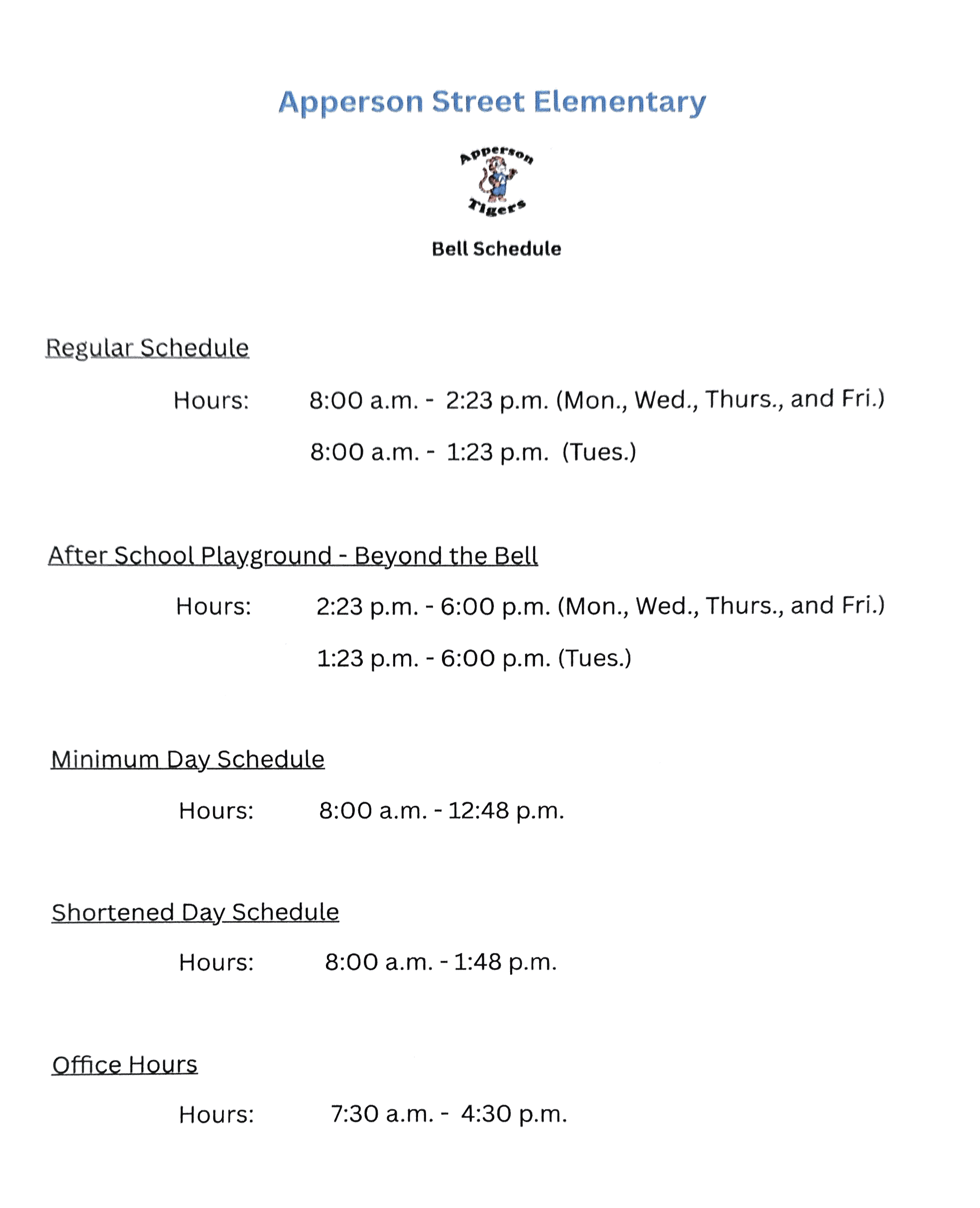 Bell Schedule – Our School – Apperson Street Elementary