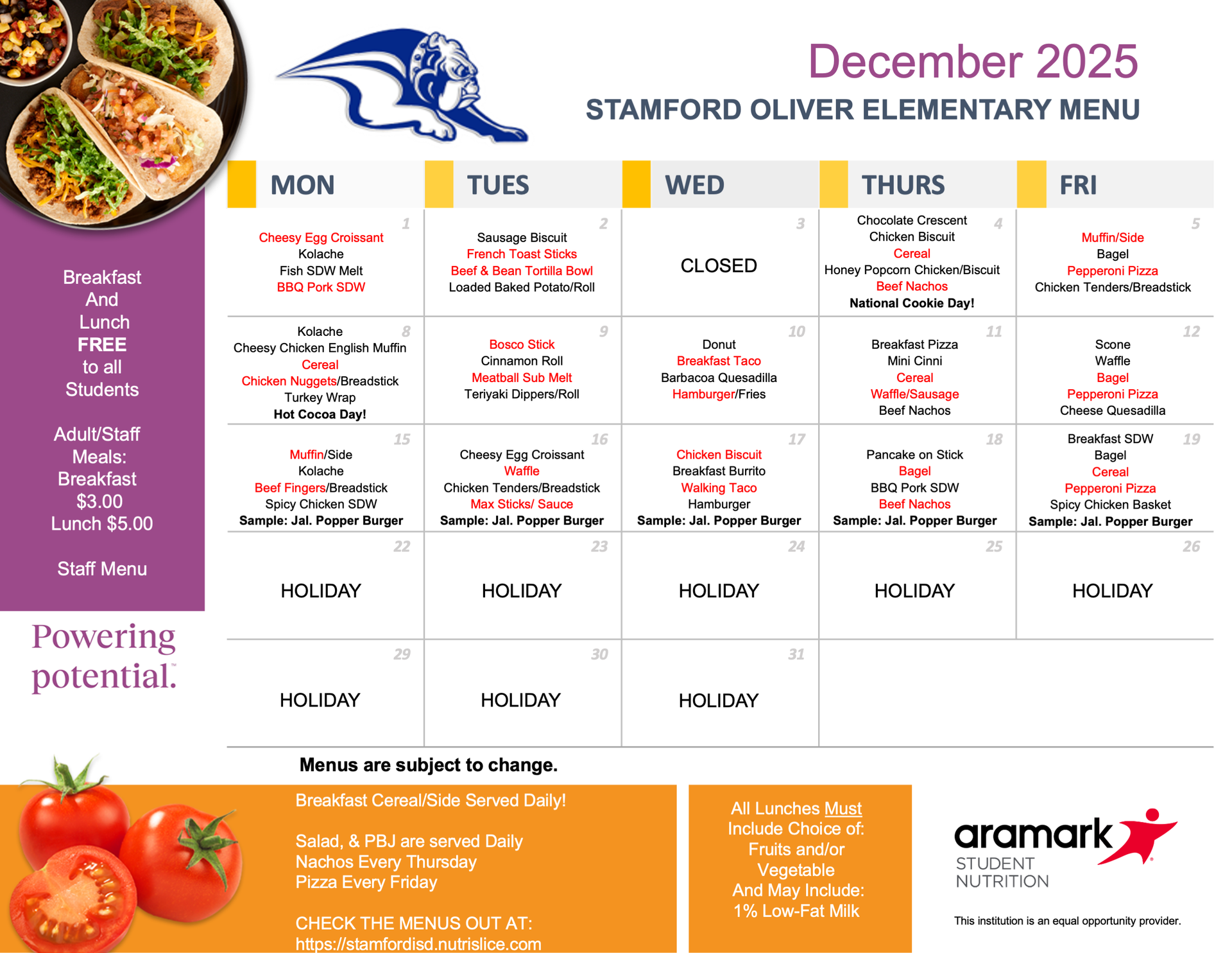 Oliver December Menu 2025