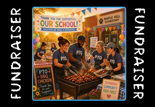 Men and women in front of a school barbecuing food with the word fundraiser
