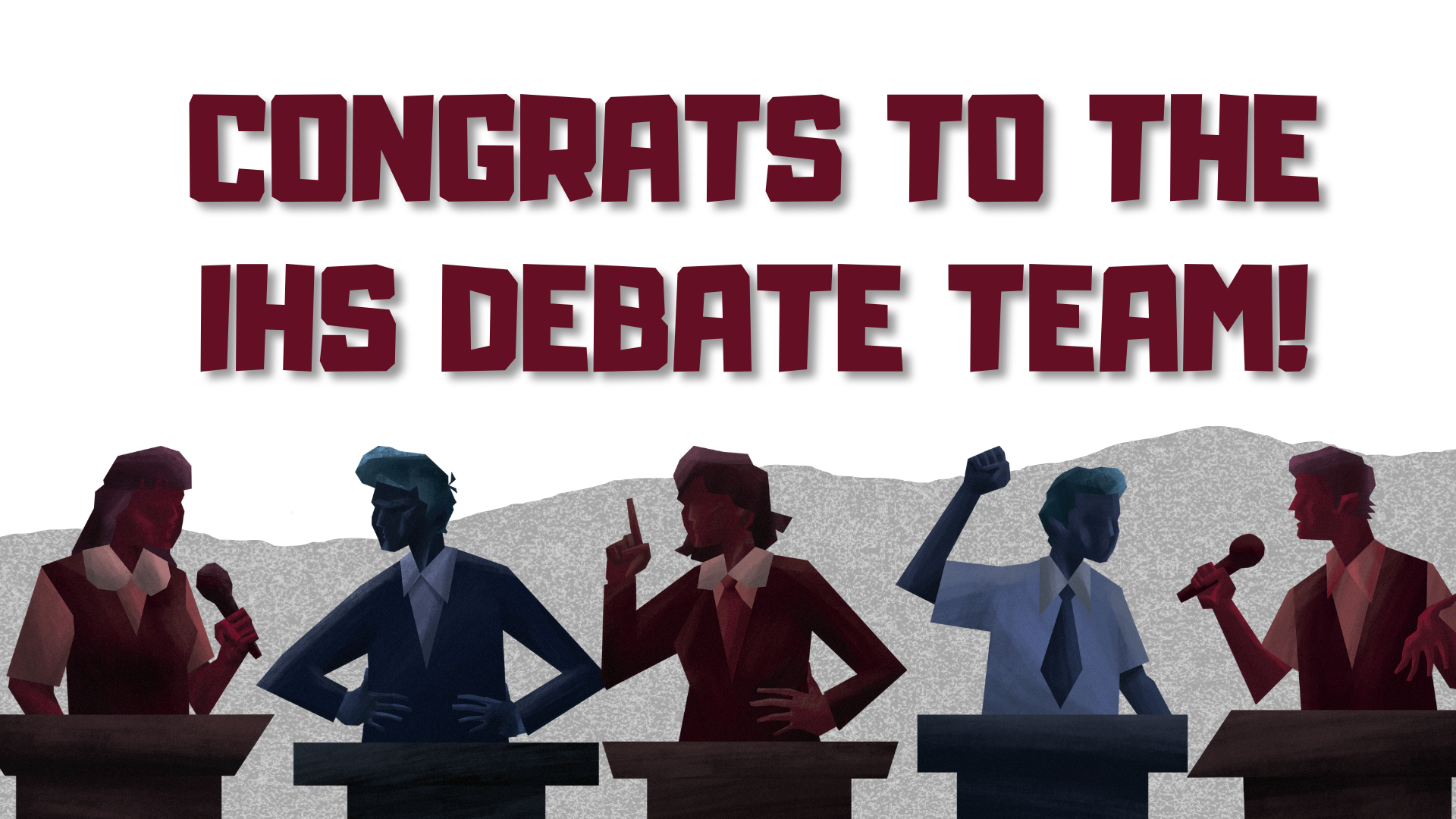 Four debate team members at podiums celebrate their success.